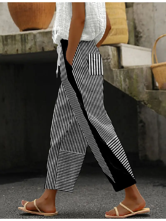 Women's  H-Line Baggy Pants Daily Going Out Pants Black Casual Printing Striped Spring/Fall Pants