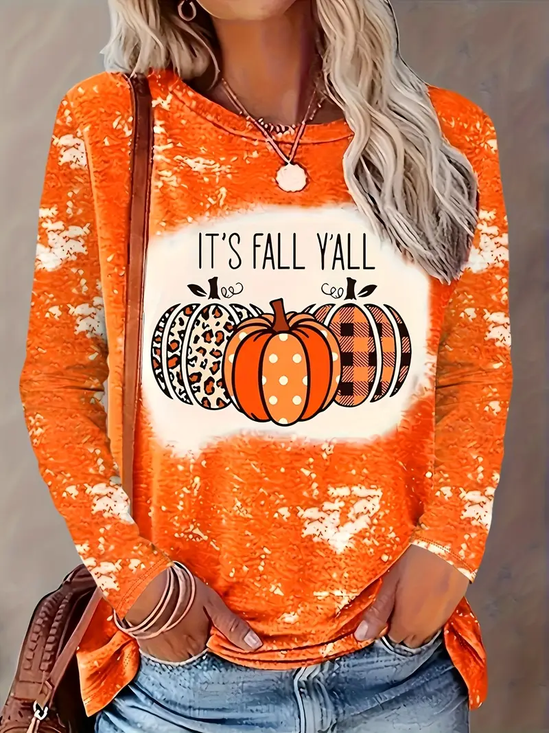 Women's Long Sleeve T-shirt Spring/Fall Orange Halloween (pumpkin) It's Fall Y'all Printing Jersey Crew Neck Daily Going Out Casual Top