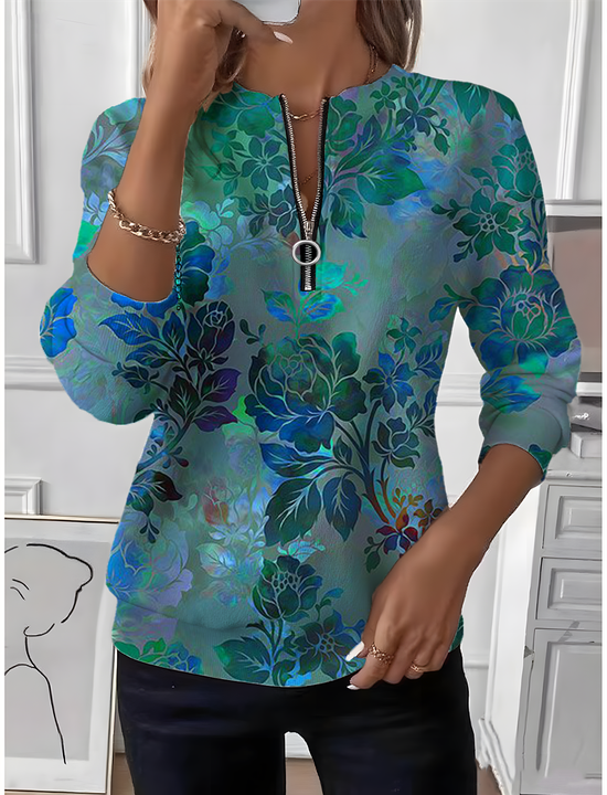 Women's Floral Gradient Pattern Long Sleeve Center Front Zip Casual Sweatshirt Regular Top