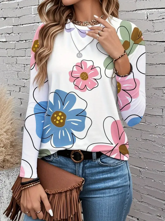 Women's Long Sleeve T-shirt Spring/Fall White Floral Printing Jersey Crew Neck Daily Going Out Casual Top
