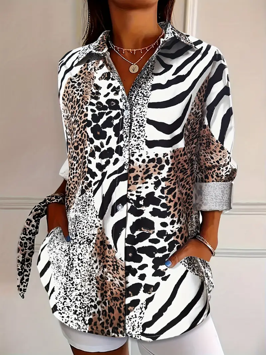 Women's Long Sleeve Shirt Spring/Fall As Picture Leopard Buckle Shirt Collar Regular Sleeve Daily Going Out Casual Top