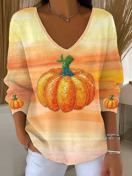 Women's Long Sleeve T-shirt Spring/Fall Orange Halloween (pumpkin) Printing V Neck Daily Going Out Casual Top