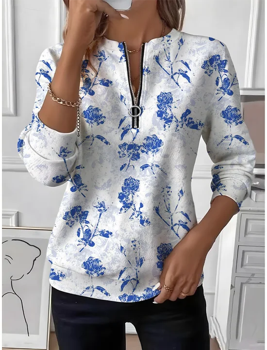 Women's Floral Gradient Pattern Long Sleeve Center Front Zip Casual Sweatshirt Regular Top