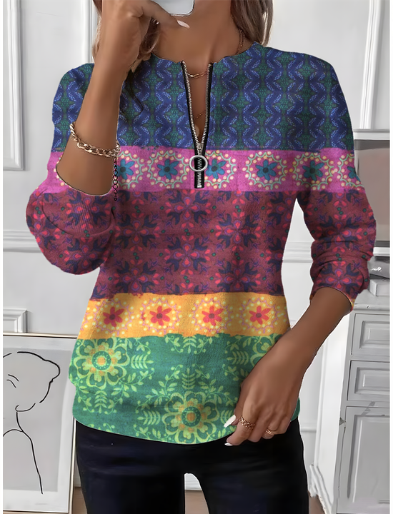 Women's Multicolor Geometric Floral Long Sleeve Center Front Zip Casual Sweatshirt Regular Top