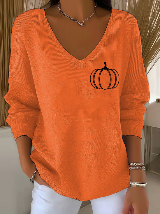 Women's Long Sleeve T-shirt Spring/Fall Orange Halloween (pumpkin) Printing V Neck Daily Going Out Casual Top
