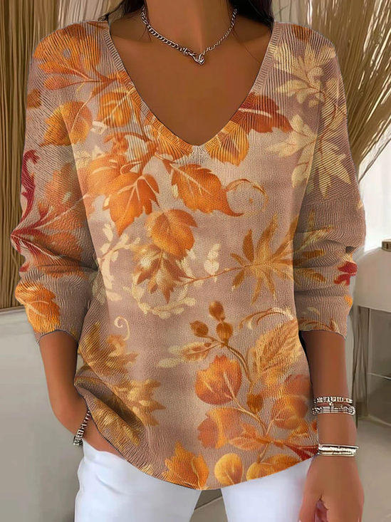 Women's Long Sleeve T-shirt Spring/Fall Orange Maple Leaf Printing V Neck Daily Going Out Casual Top
