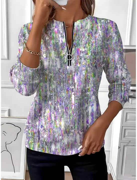 Women's Geometric Gradient Long Sleeve Center Front Zip Casual Sweatshirt Regular Top