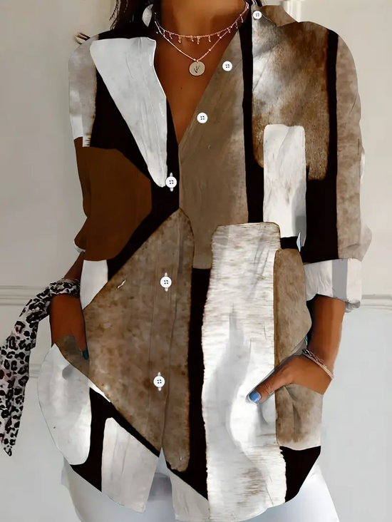 Women's Long Sleeve Shirt Spring/Fall Brown Abstract Buckle Shirt Collar Regular Sleeve Daily Going Out Casual Top