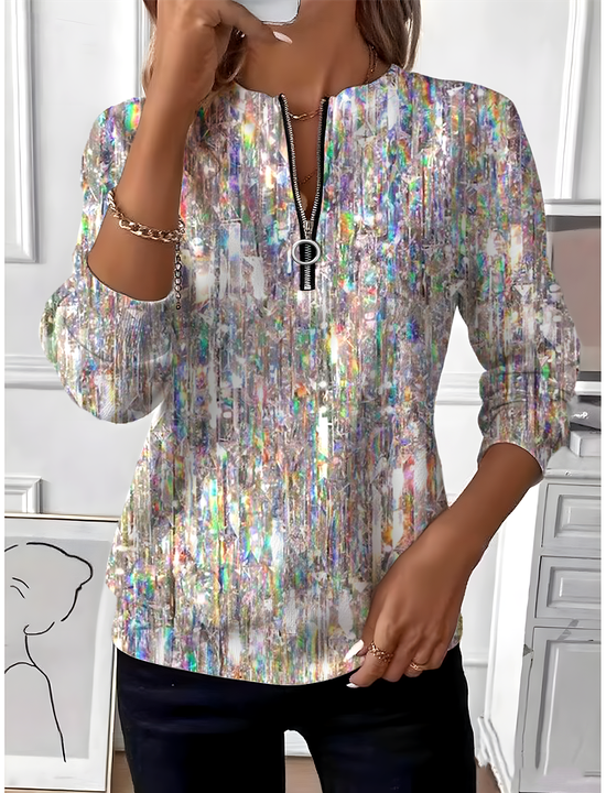 Women's Geometric Gradient Long Sleeve Center Front Zip Casual Sweatshirt Regular Top