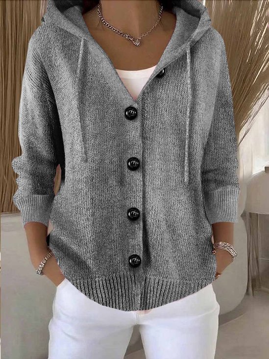 Women's Single-breasted Solid Color Hooded Drawstring Knitted Cardigan Sweater
