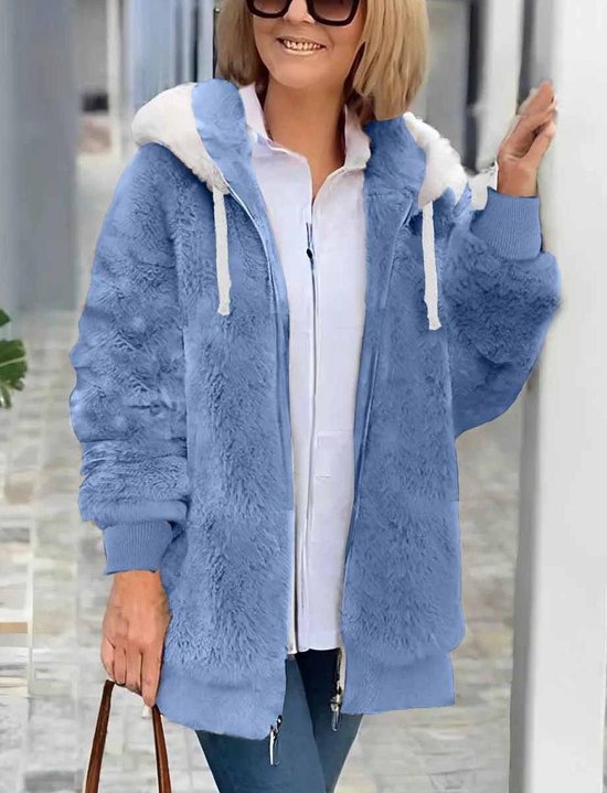 Women's autumn and winter warm plush patchwork zipper pocket hooded loose thick coat