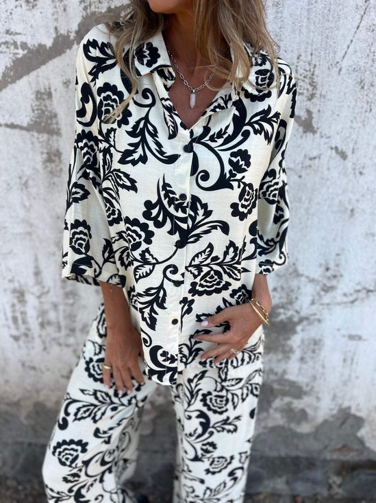 Women's Adjustable Strap Floral Daily Going Out Two-Piece Set Black-white Casual Spring/Fall Top With Pants Matching Set