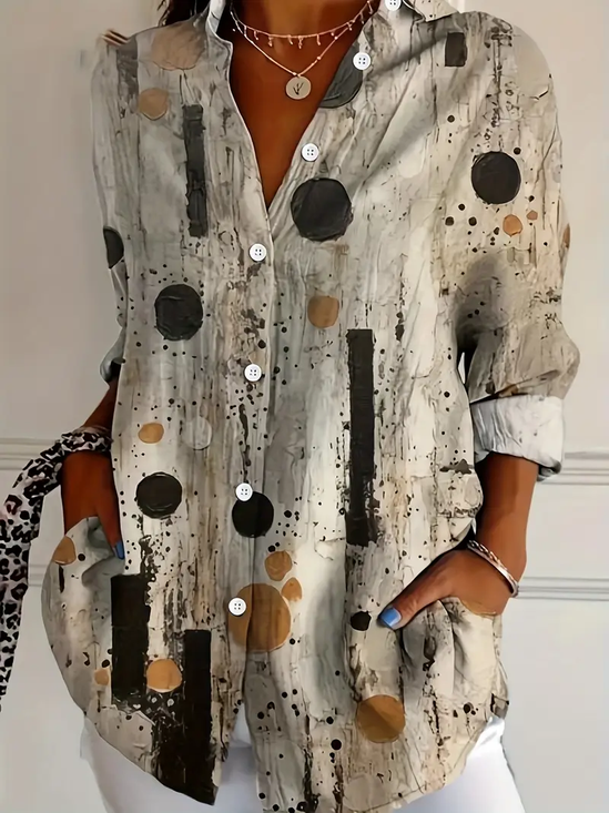Women's Long Sleeve Shirt Spring/Fall Khaki Abstract Buckle Shirt Collar Regular Sleeve Daily Going Out Casual Top