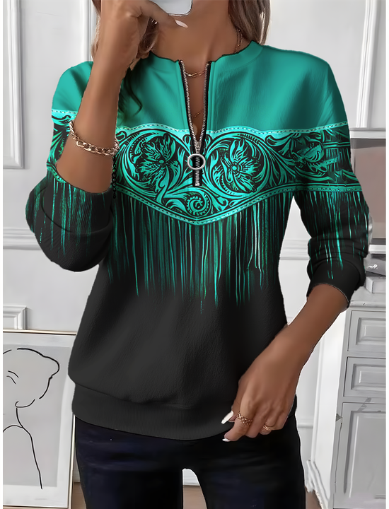 Women's Western Ethnic Gradient Pattern Long Sleeve Center Front Zip Casual Sweatshirt Regular Top