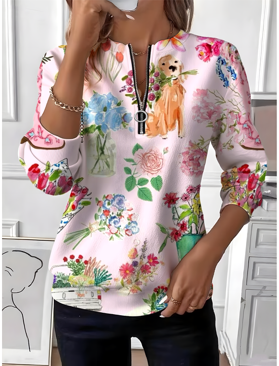 Women's Animal Floral Pattern Long Sleeve Center Front Zip Casual Sweatshirt Regular Top