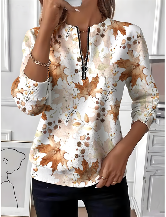 Women's Autumn Maple Leaf Pattern Long Sleeve Center Front Zip Casual Sweatshirt Regular Top