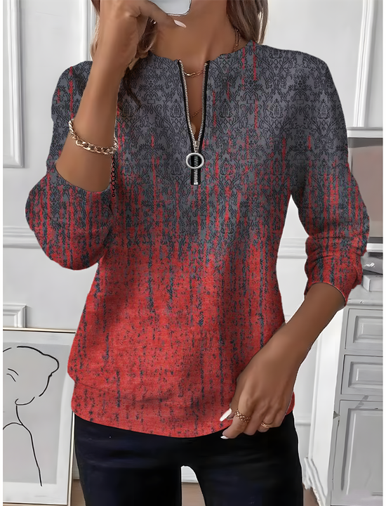 Women's Ethnic Gradient Pattern Long Sleeve Center Front Zipper Casual Sweatshirt Regular Top