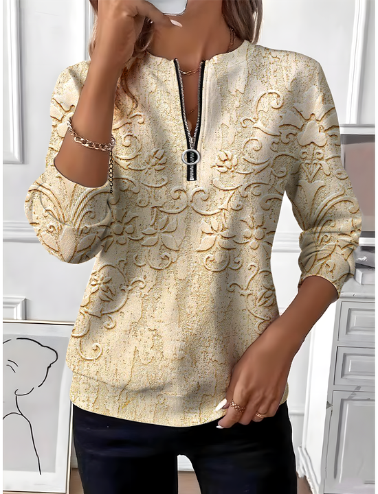 Women's Ethnic Pattern Long Sleeve Center Front Zipper Casual Sweatshirt Regular Top