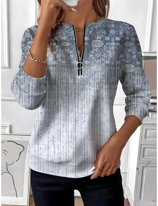 Women's Ethnic Gradient Pattern Long Sleeve Center Front Zipper Casual Sweatshirt Regular Top