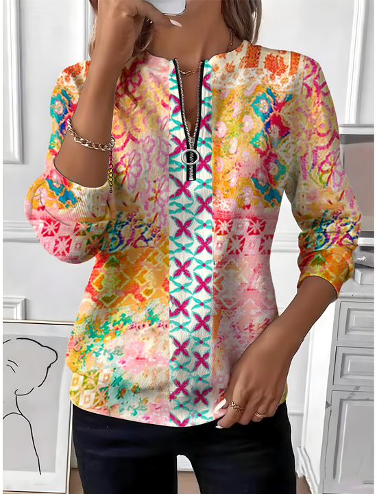 Women's Multicolor Geometric Floral Long Sleeve Center Front Zip Casual Sweatshirt Regular Top