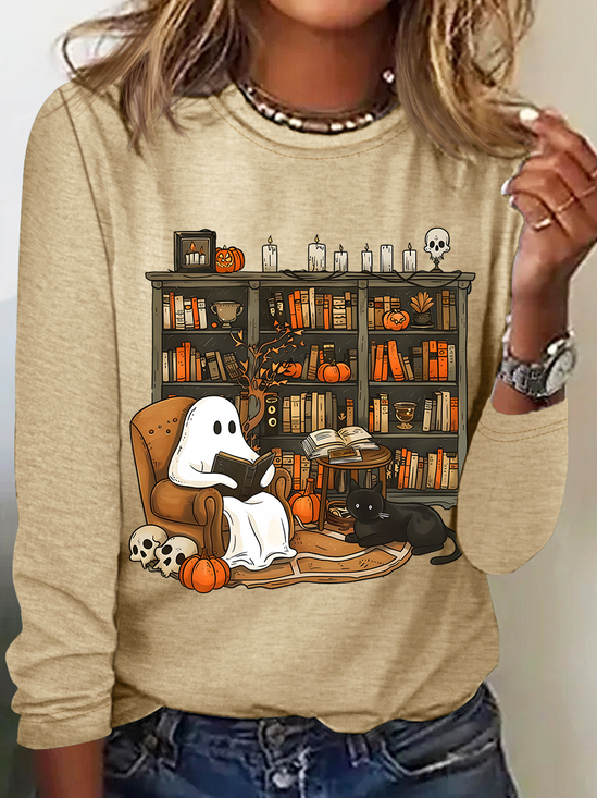 Women's Vintage Ghost Reading Halloween Librarian, Teacher Long Sleeve T-Shirt