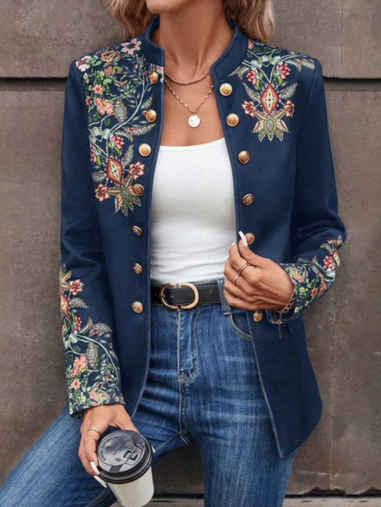 Floral Stand Collar Ethnic Regular Fit Coat