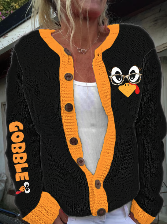 Women's Thanksgiving Day Cute Turkey Fall Thanksgiving Knit Cardigan