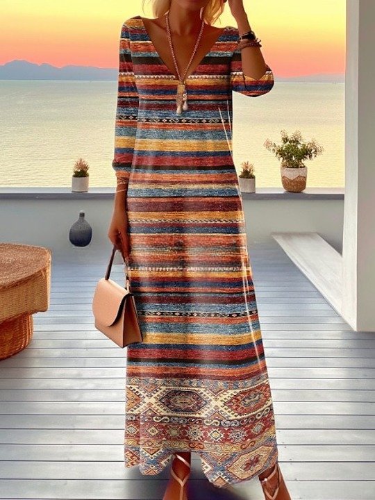 Women's Long Sleeve Spring/Fall Yellow Geometric Split Joint V Neck Daily Going Out Vintage Maxi A-Line Tank Dress