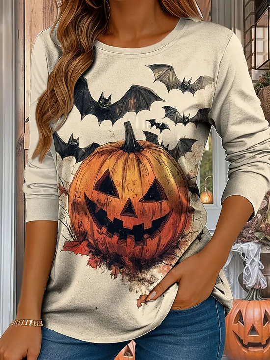 Women's Long Sleeve T-shirt Spring/Fall Apricot Halloween (pumpkin) Printing Jersey Crew Neck Daily Going Out Casual Top