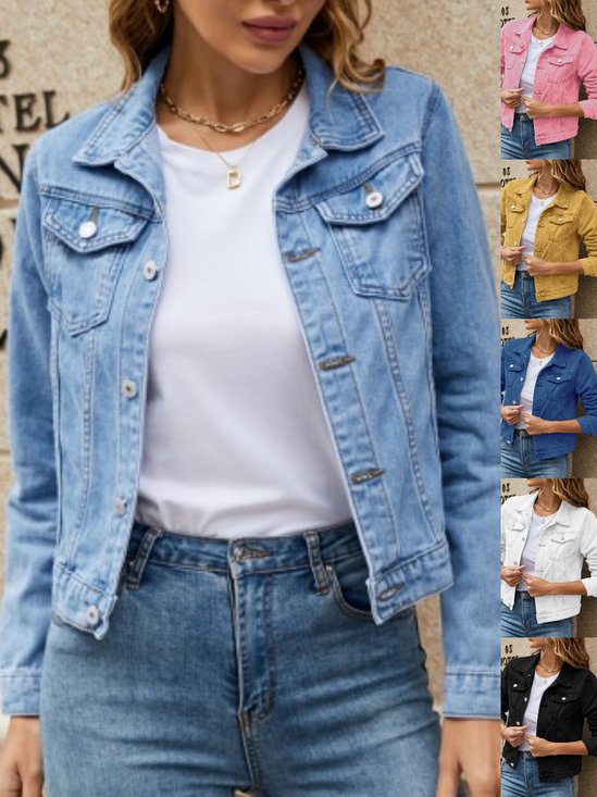 Urban Stand Collar Regular Fit Trendy Lapel Pocket Single-breasted Short Denim Jacket