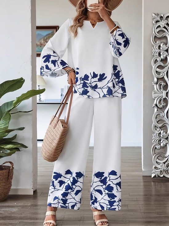 Plant Print Elegant Style Suit Loose Casual Long-Sleeved Top And Pants