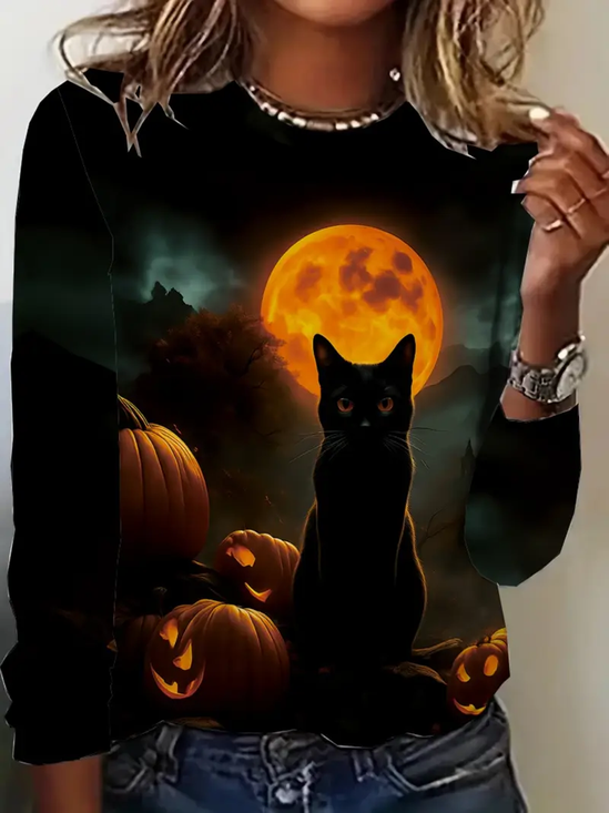 Women's Long Sleeve T-shirt Spring/Fall Black Halloween (pumpkin) Printing Jersey Crew Neck Daily Going Out Casual Top