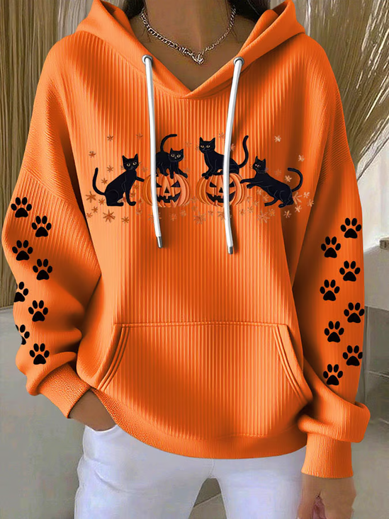 Women's Halloween Black Cat Pumpkin Print Casual Hooded Sweatshirt