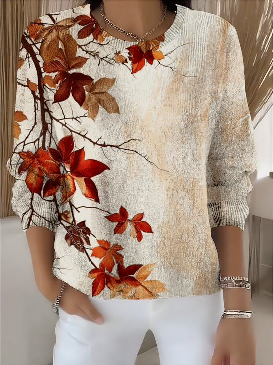 Crew Neck Vintage Maple Leaf Loose Sweater