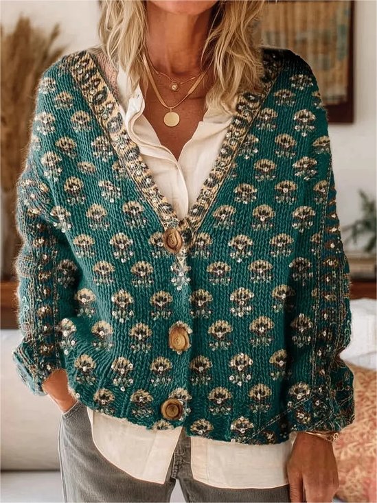 Women's Boho Folk Floral Print Buttoned V-neck Cardigan Sweater