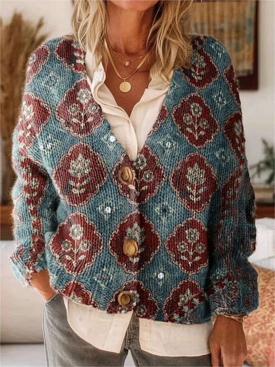 Women's Boho Folk Floral Print Buttoned V-neck Cardigan Sweater