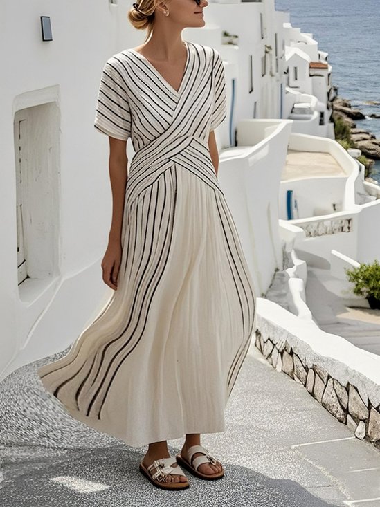 Women's Short Sleeve Summer Black Striped Split Joint V Neck Daily Going Out Vintage Maxi A-Line T-Shirt Dress Dress