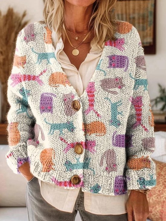 Colorful Cute Cat Art Print Buttoned V-neck Cardigan Sweater
