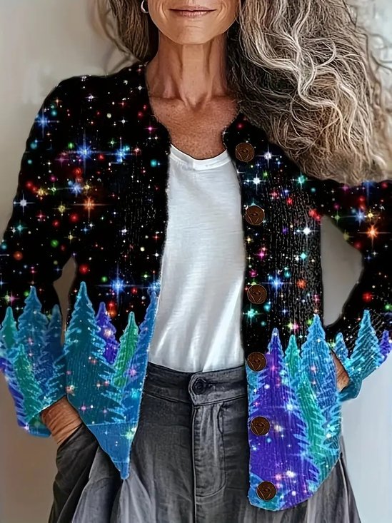 Women's Cardigan Christmas Pattern Button V Crew Neck Sweater Jacket