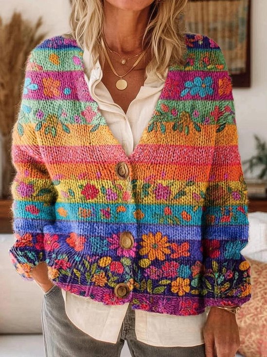 Women's Vintage Multicolor Collage Floral Print Button-Up V-Neck Cardigan Sweater