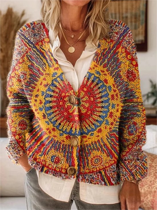 Bohemian Mandala Totem Pattern Art Print Buttoned V-neck Cardigan Sweater