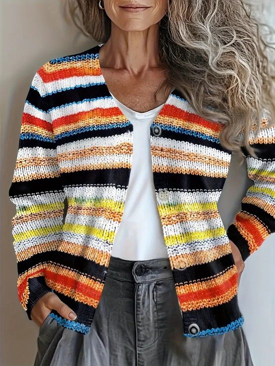 Loose Crew Neck Striped Peasant Cardigan