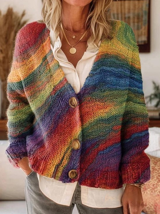 Colorful Bohemian Arc Pattern Art Print Buttoned V-neck Cardigan Sweater