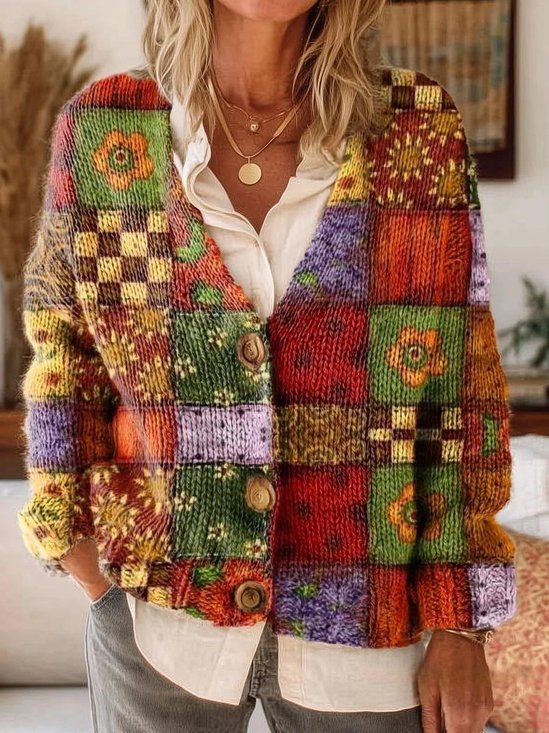 Bohemian Patchwork Pattern Art Print Buttoned V-neck Cardigan Sweater