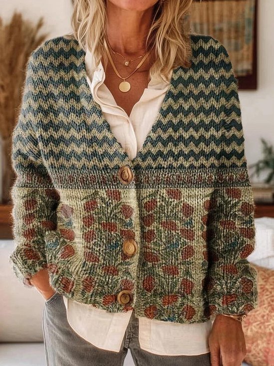 Retro Ethnic Pattern Art Print Button-Front V-Neck Cardigan Sweater