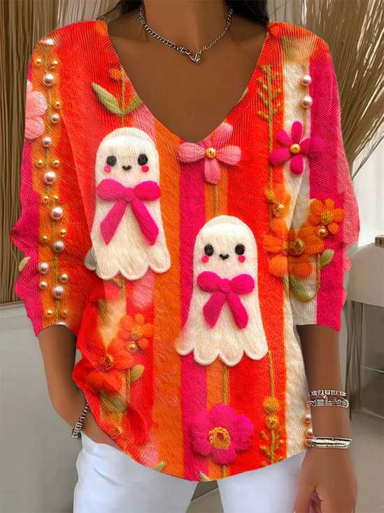 Women's Long Sleeve T-shirt Spring/Fall Orange Red Halloween Printing V Neck Daily Going Out Casual Top