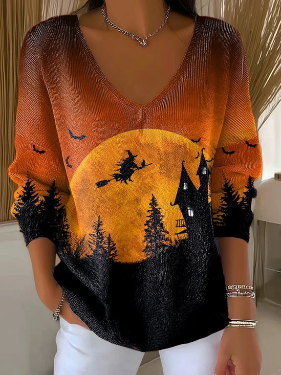 Women's Long Sleeve T-shirt Spring/Fall As Picture Halloween Printing V Neck Daily Going Out Casual Top