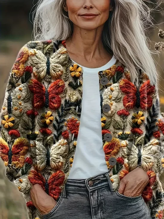 Regular Fit Floral Casual Crew Neck Cardigan