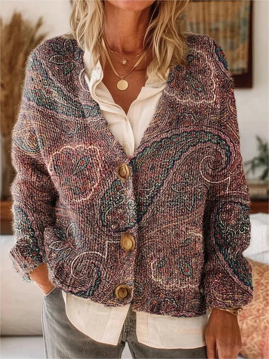 Vintage Tribal Totem Floral Art Print Buttoned V-neck Cardigan Sweater