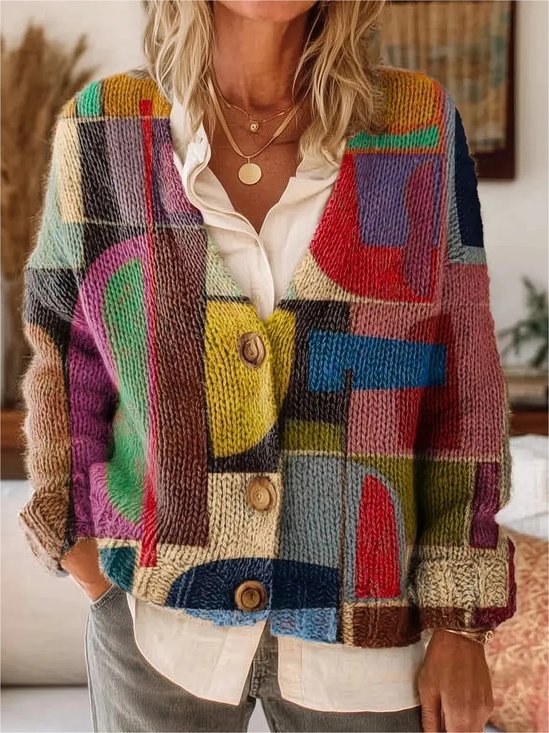 Bohemian Irregular Shapes Pattern Art Print Buttoned V-neck Cardigan Sweater